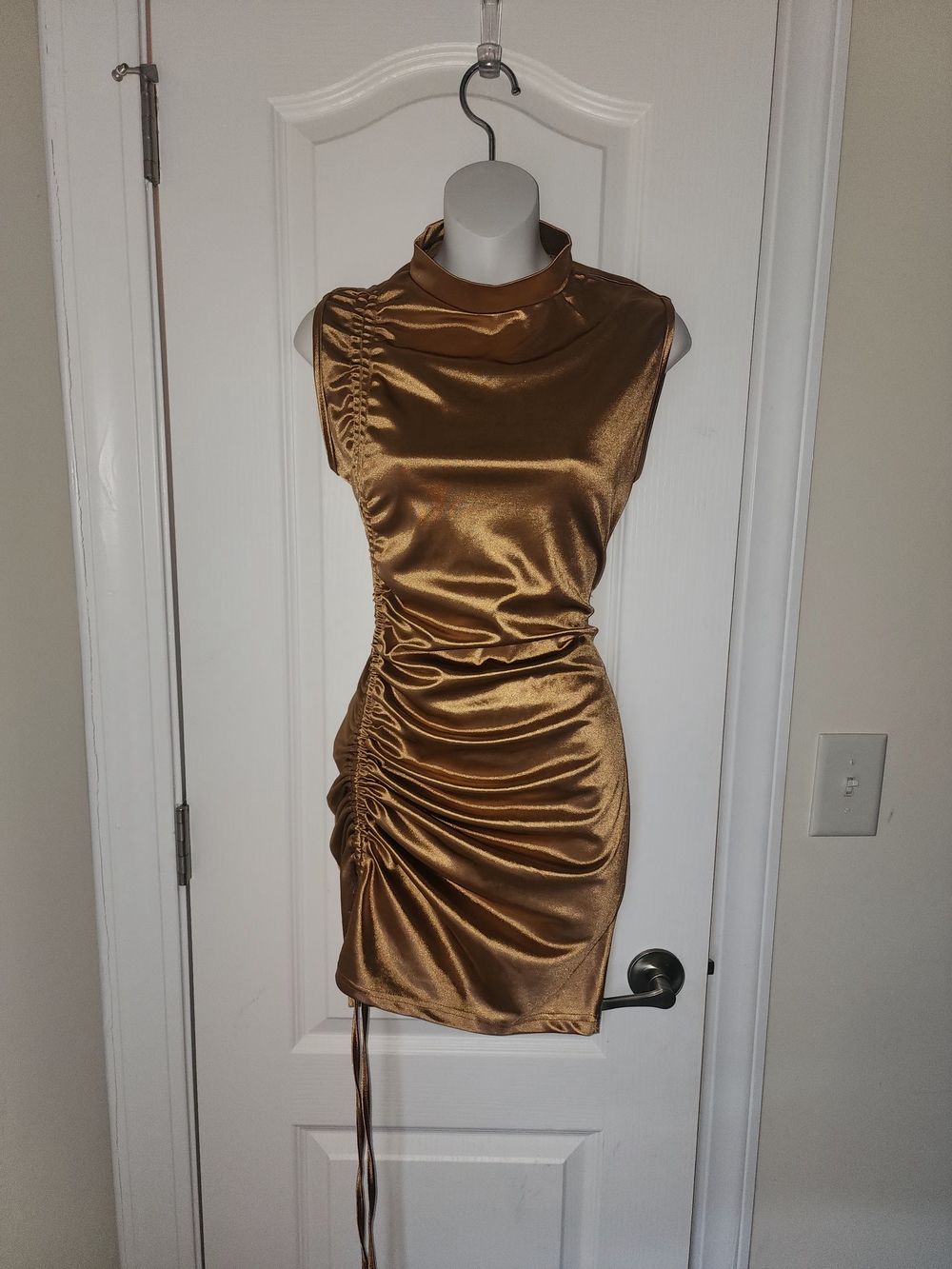Satin Ruched Mini Dress in Metallic Gold